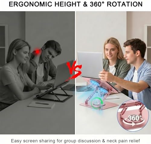 Laptop Stand with Cooling Fan, 360° Rotating Base Aluminum Laptop Riser, Foldable Ergonomic Computer Stand for Desk, Height Adjustable Notebook & All Laptops Up to 17.3" (Pink)