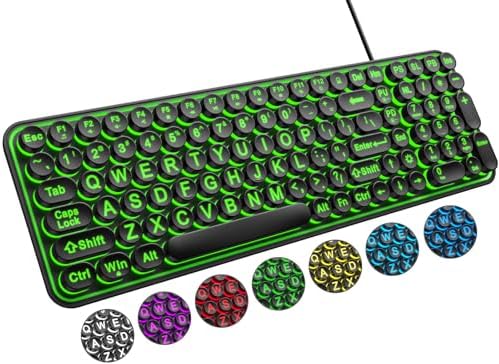 QUASIO Large Print Backlit Keyboard, Wired USB Lighted Computer Keyboards with 7-Color Backlit, Oversized Print Letters, Quiet Typewriter Keyboard with Retro Round Keycaps for Windows PC, Laptop