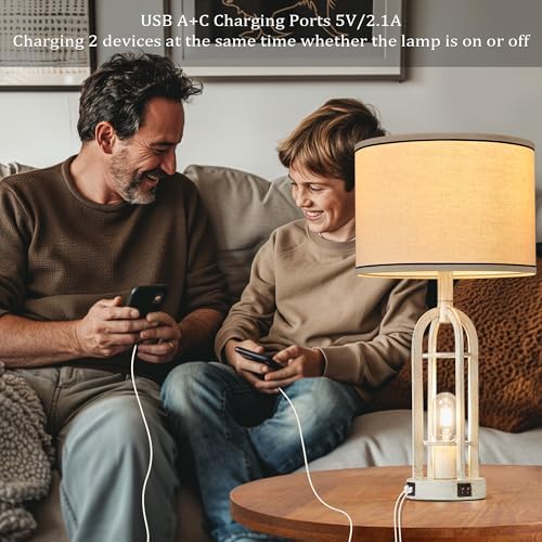 SRJJA 24" Farmhouse Table Lamps for Living Room Bedroom Set of 2, USB A+C
