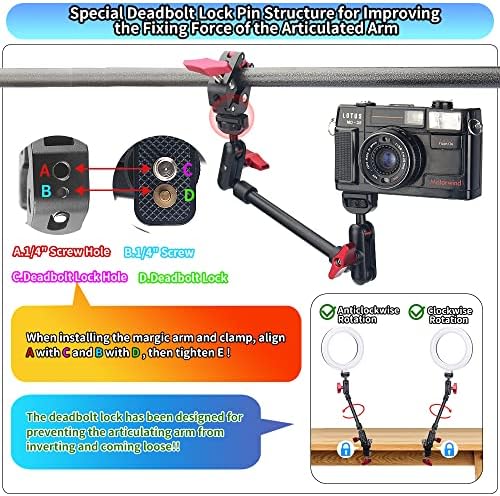 13"/34cm Magic Arm w Clamp, Camera Mount & Clamp w 1/4" 3/8" Threads and Articulating Friction Magic Arm, Overhead Phone Mount, Camera Boom Arm Mount for Light Webcam Mic Action Camera Monitor