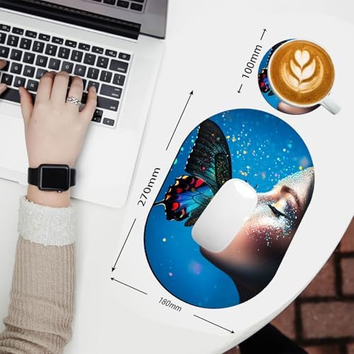 Small Mouse pad, Portable, Waterproof Non-Slip Rubber Bottom, Suitable for Wireless Mouse, Laptop Keyboard Tray for Both Men and Women, Office Travel 7.1x10.6in，Butterfly and Glittery Face