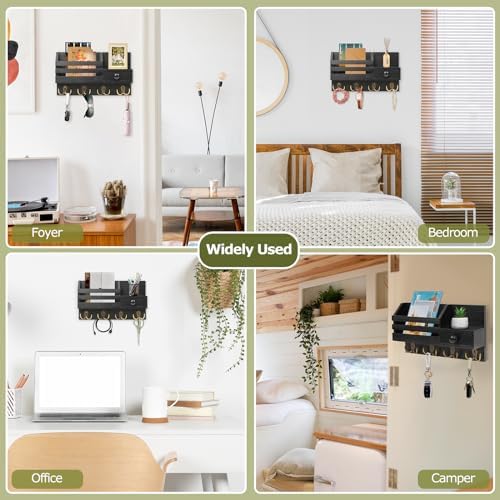 Key Holder Wall Mount, Wooden Key and Mail Organizer, Black