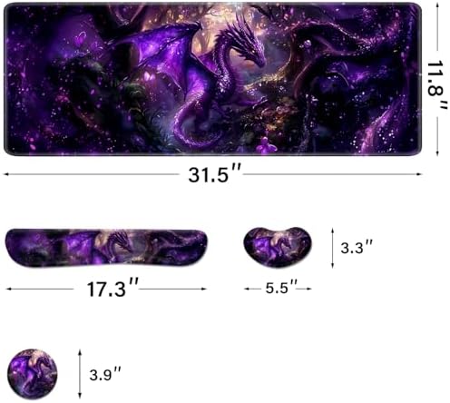 Desk Pad and Keyboard Wrist Rest, Large Mouse Pad + Keyboard Pad+Mouse Wrist Support, Non-Slip Desk Mat Protector for Office, Home 31.5×11.8 Inches Anime Dragon