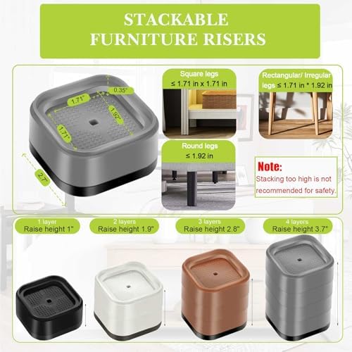 8 Pack Furniture Risers 4 Inch, Adjustable Bed Risers Heavy Duty for Table Desk Couch Chair Sofa Cabinet Bed Legs Dorm, Square Stackable Bed Raisers Blocks Lift Height 1", 2",3" or 4", Grey