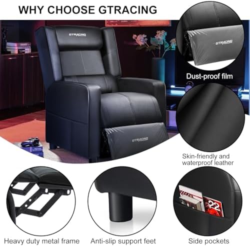 GTRACING Gaming Recliner Chair for Living Room Racing Style Single PU Leather Gaming Sofa for Adults Modern Game Recliners Ergonomic Comfortable Home Theater Seating, Black