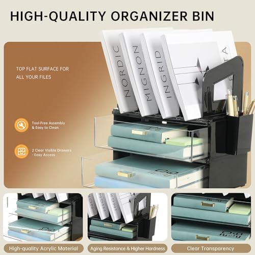 CiWiVOKi Desk Organizer with 4 File Slots and 2 Drawers, Black