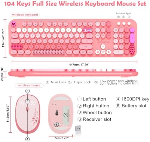 Wireless Keyboard Mouse,104 Full Size Cute Colorful Keyboard and Mouse with Retro Typewriter for PC/Mac/Laptop/Tablet/Computer/Windows/Microsoft, Pink