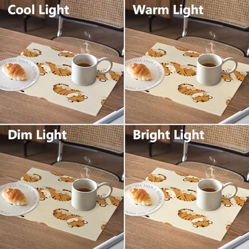 Cute Tiger in Tan Linen Placemats, Sleeping Tigers Pattern Table Mats for Table Washable Heat Insulation Thick Dining Mat, Indoor/Outdoor 12X18 in 4 Pcs