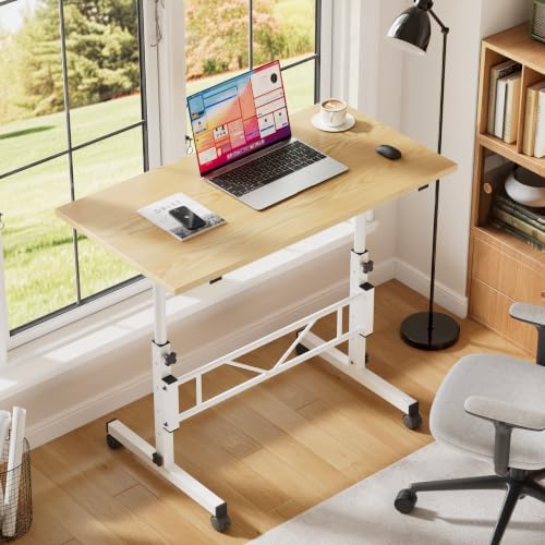 VECELO Small Standing Desk Adjustable Height, Mobile Computer Workstations with Wheels, Portable Rolling Laptop Table for Walking Pad, Home Office, Natural White