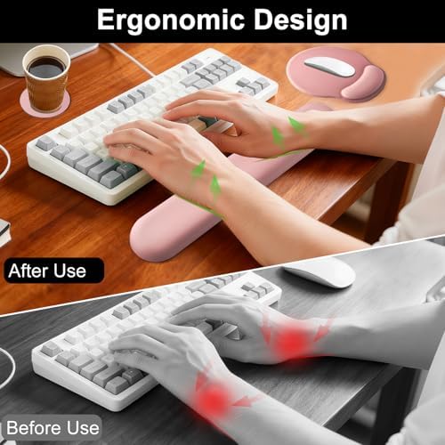 Keyboard Wrist Rest Mouse Pad with Wrist Support, Gaming Mousepad with Non-Slip Base, Ergonomic Mouse Wrist Arm Cushion Support for Home Office Laptop Computer, Easy Typing for Pain Relief, Pink