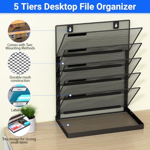 Legal/A4/Letter Size/A3 6 Tier Wall File Organizer,2-in-1 Wall Mounted&Desktop File Holder,2 Installation Methods Screws & Adhesive,Mesh Document Organizer with Label Plate for Home Office