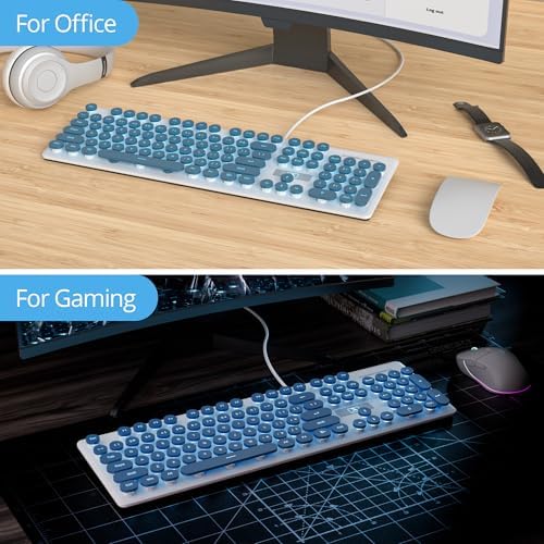 surmen Cute Quiet Keyboard Blue Wired Typewriter Keyboard, Light Up Backlit PC Keyboards with Retro Round Keys Full Size 104 Keys for Office Computer (Blue)