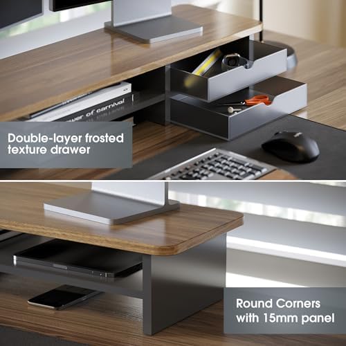 Fenge Monitor Stand, Desk Computer Riser with Frosted Storage Drawer, Brown