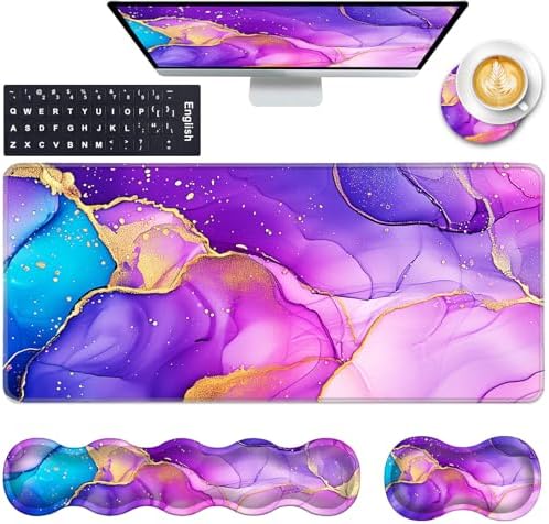 Keyboard Wrist Rest and Mouse Pad with Wrist Support Set Ergonomic Coaster,Memory Foam,Easy Typing Pain Relief,Large XL Desk Mat 31.5"x 11.8",Marble Purple