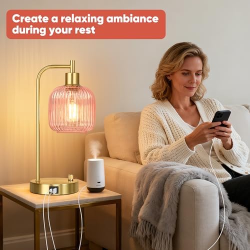 Pink Glass Table Lamps Set of 2, Dimmable Bedside Lamps for Living Room