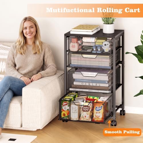 Sbanmao 4 Drawers Rolling File Cart with Wheels, Mobile File Cabinet, Black