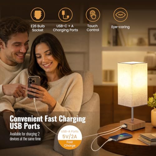 Siljoy Bedside Table Lamp with USB A+C Touch Control Dimmable Bulb Included