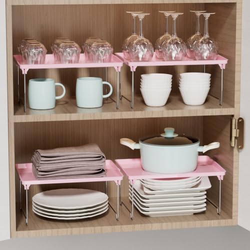 STARLATTA 2 Pcs Cabinet Organizer Shelf，Stackable Kitchen Counter Shelves, Spice Rack,Countertop Organizers，Pink Plastic Storage Shelves Rack for Makeup，Bathroom, Cupboard，Desk，Pantry Organization