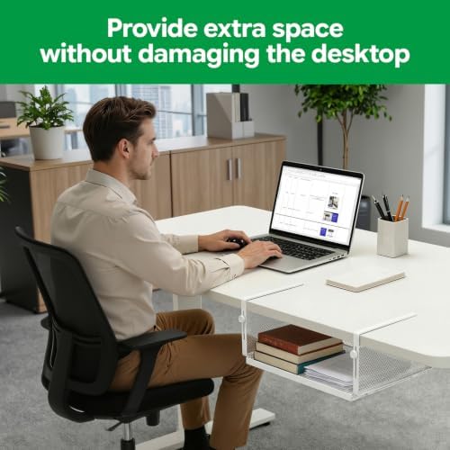 White C-Clamp Under Desk Adjustable Carbon Steel Storage Organizer