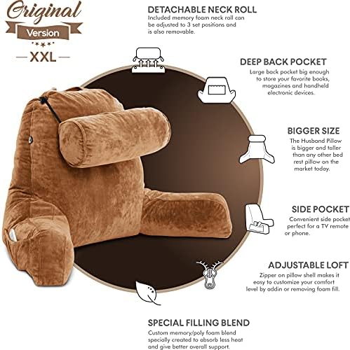 Husband Pillow XXL The Original for Adults - 30" Tall Backrest for Sitting Up in Bed - Firm Support Reading & Bed Rest Pillows for Adults, Neck Roll, Removable Cover - TV - Tan