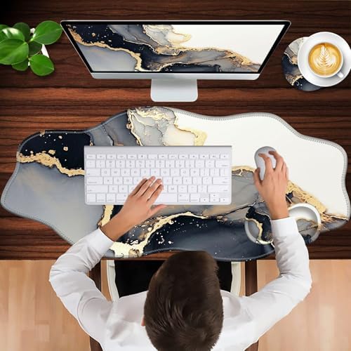 Mouse Pad with Wrist Support + Desk Mat + Coaster 3 in 1 Set, XXL Large Gaming Mousepad Ergonomic Mouse Pads for Desk Computer Laptop Office,Black Gold Marble