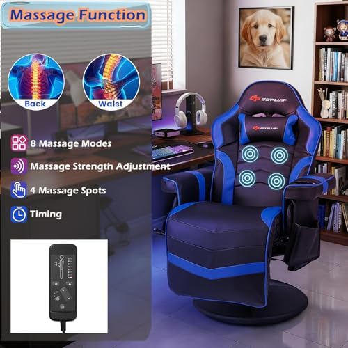 POWERSTONE Gaming Recliner, Adjustable Massage Gaming Chair with Cup Holder Footrest Ergonomic Single Sofa Living Room Home Theater Seating with Side Pouch (Navy Blue)