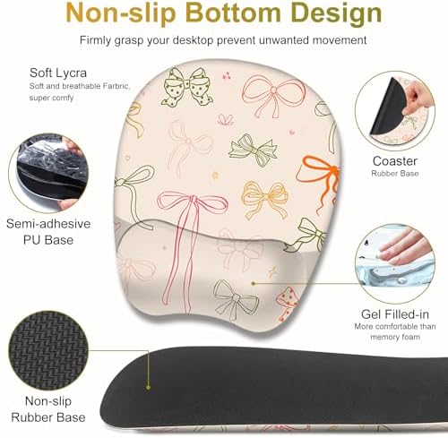 Apricot Mouse Pad with Wrist Support 4 in1 Set, XXL Big Game Mousepad + Keyboard Wrist Rest + Mouse Wrist Rest Pad +Coaster Gaming Mat for Home Office Work Computer I Colorful Cute Girl's Bow
