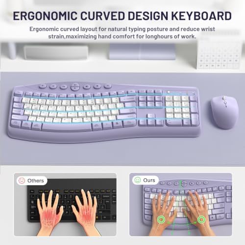 Wireless Keyboard and Mouse Combo Silent Ergonomic Curved Design for Office