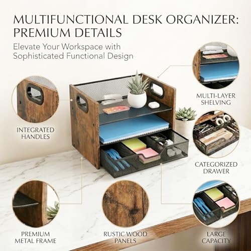 Wood Desk Organizer - 3-Tier Desktop File Organizer with Drawer, Wooden Paper Tray, Office Desk Organzier and Accessories for Papers, Mail, Notebooks, Stationery