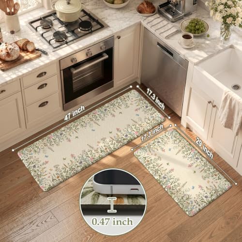 KIMODE Kitchen Mats Cushioned Anti Fatigue 17"x47"+17"x29", Farmhouse Kitchen Mats for Floor 2 Piece, Padded Kitchen Floor Mats Non Slip, Cream Wildflower Standing Mat for Laundry Bath Sink Office