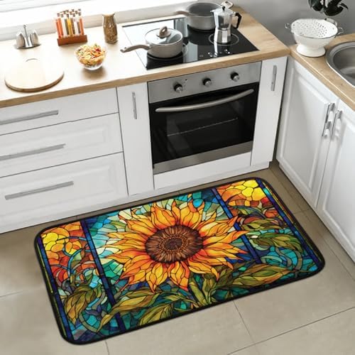 Kitchen Mats, Glass Sunflower Kitchen Rugs, Cushioned Anti Fatigue Kitchen Mats, Non-Slip Standing Desk Mat, Absorbent Kitchen Rug for Floor, Kitchen, Office, Sink, 20"×39"