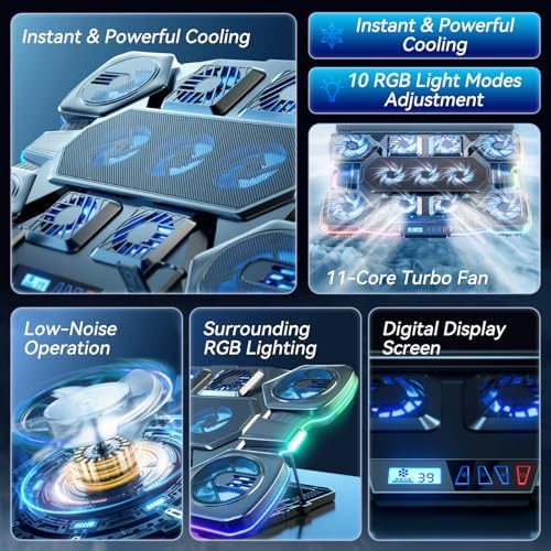 Gaming Laptop Cooling Pad - 11 High Speed Turbo Fans Ultra Quiet Laptop Cooler Stand with RGB Lights Digital Display Height Adjustable for 17 Inch Laptop