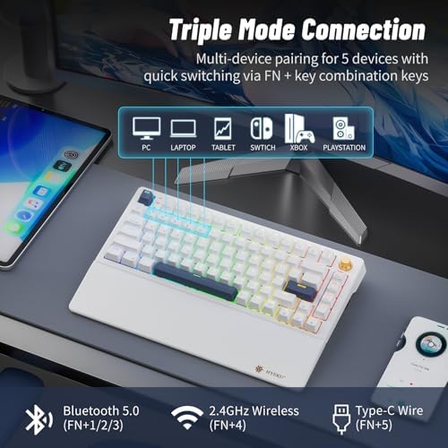 Hexgears 75% Wireless Mechanical Keyboard with Knob, Hot Swappable Creamy Keyboard with Wrist Rest, Pre-lubed Linear Switches, 2.4GHz/Type-C/BT5.0, RGB Backlit Gaming Keyboards for Win/Mac (White)