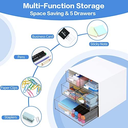 Desk Organizer with 5 Drawers, Rectangular Office Stationery Supplies Desktop Drawers, Plastic Makeup Storage, Suitable for Office, School, Home (White & 5 Drawers)