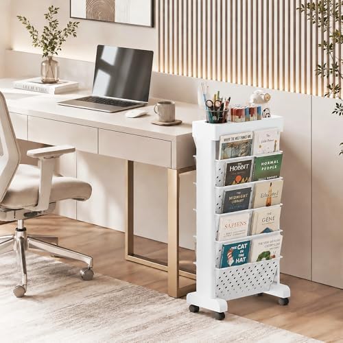 6-Tier Rolling Bookshelf Magazine Rack with Wheels White