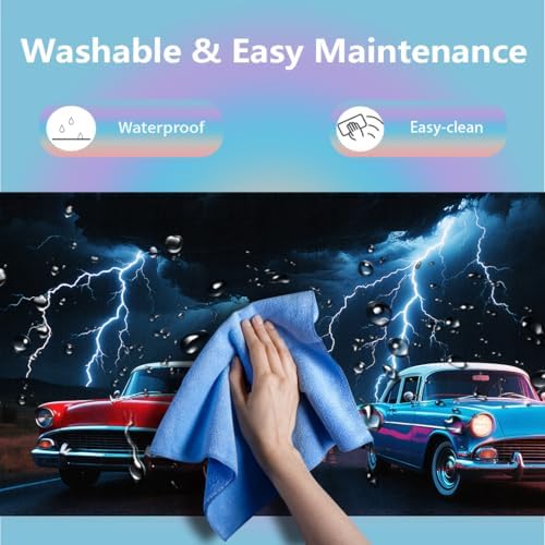Classic Red & Blue Cars Large Mouse Pad, Lightning Scene Route 66 Desk Mat