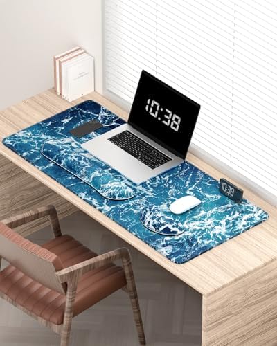 Auhoahsil Large Mouse Pad with Wrist Rests for Keyboard & Mouse, Thick Soft Ergonomic Memory Foam Wrist Supports, Big & Long Desk Mat 35.5 x 15.7 in, for Office Gaming Computer, Beautiful Ocean
