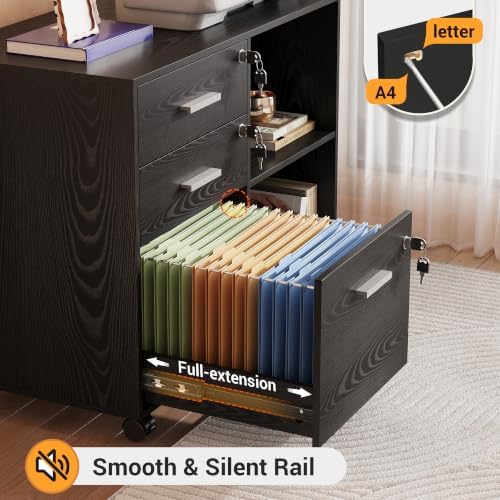 DEVAISE 3-Drawer File Cabinet with Lock, Mobile Wood Filing Cabinet, Black