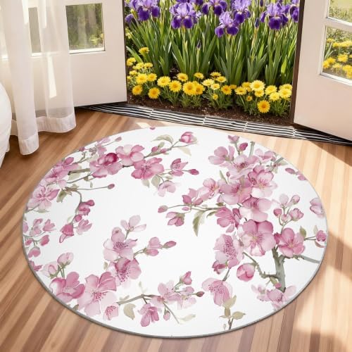 Floral Round Rug - 4ft Washable Abstract Floral Round Area Rug for Living Room, Modern Minimalist Circle Rugs Soft Non-Slip Carpet for Bedroom Kitchen Dining Table Decor Mat