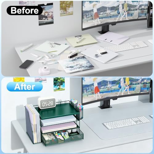 gianotter Desk Organizers and Accessories with File Holder, 4-Tier Desk Accessories & Workspace Organizers with Drawer and 2 Pen Holder, Desk Reference Organizer (Green, 4T with Metal Drawer)