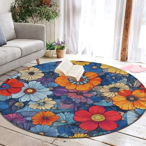 Soft Round Yoga Carpet, Large Home Decor Mat, Non Slip Machine Washable Kitchen Office Circle Rug Boho Floral Blossom
