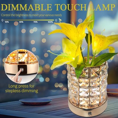 Lily Flower Lamps, Rechargeable Cordless Small Desk Lamp, 3 Colors Dimmable Artificial Flowers Night Light, Fake Bouquet 3 Lilies with Crystal Vase for Home Date Party Decoration (Yellow - Lily)