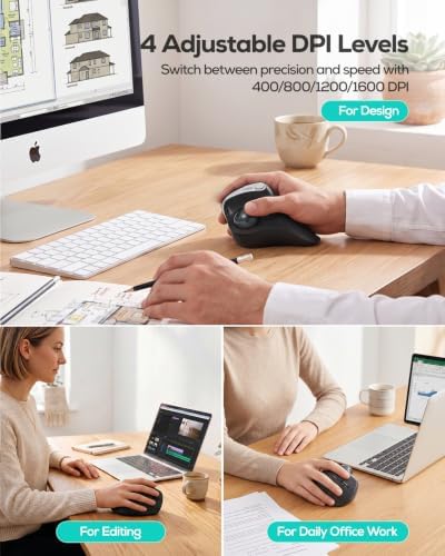 Nulea Wireless Trackball Mouse, 54° Vertical Ergonomic Thumb Control-Black