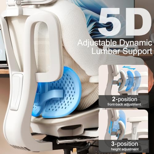 Vonesse Ergonomic Office Chair,Desk Chair with Adjustable 3D Headrest and Armrests, Gaming Chair with Dynamic Lumbar Support & Adjustable Depth Breathable Mesh Seat (White)