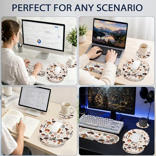 Wrist Rest Mouse Pad and Keyboard Support Set,Cute Mushroom Forest 3 in 1 Ergonomic Memory Foam Mousepad with Non Slip Base, Gaming Mouse Pad for Office and Home