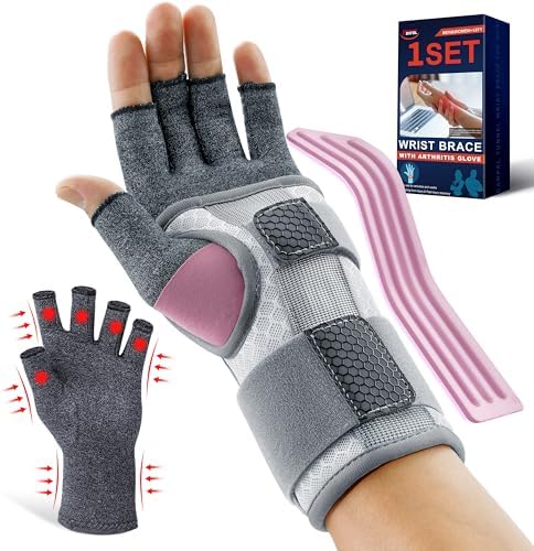 FEATOL Compression Arthritis Glove with Wrist Brace, Comfortable Fingerless Carpal Tunnel Hand Gloves for Women Night Support, Pain Relief for Rheumatoid Arthritis, Work, Typing - Left Hand, Large
