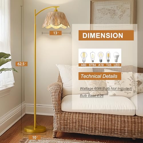 Oneach Arc Floor Lamp for Living Room,Rattan Boho Floor Lamp Decor with Hand-Woven Shade, Foot Switch,Gold Metal Base & Pole,Farmhouse Standing Lamp for Bedroom Corner,Reading