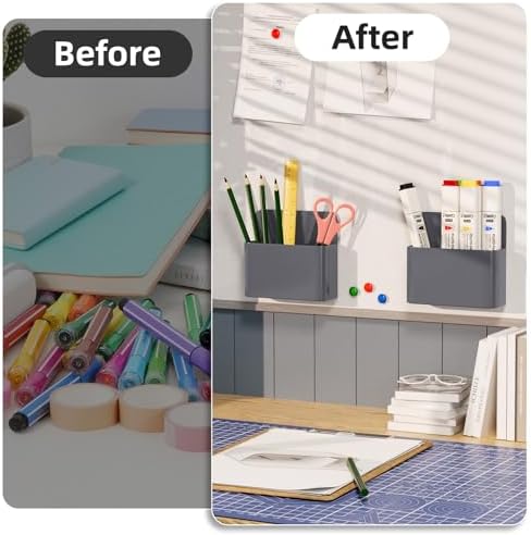 Mabrasse 2p Magnetic Dry Erase Marker Holder,Pen and Eraser Holder for Whiteboard, Magnet Pencil Cup Utility Storage Organizer for Office, Refrigerator, Locker and Metal Cabinets（Grey）