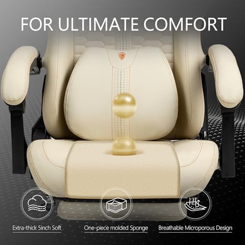 Dowinx Big & Tall Vintage Gaming Chair for Adults, 400 lb Capacity Heavy Duty Ergonomic Computer Chair with Massage Lumbar, Footrest & Easy Side Recline, Beige