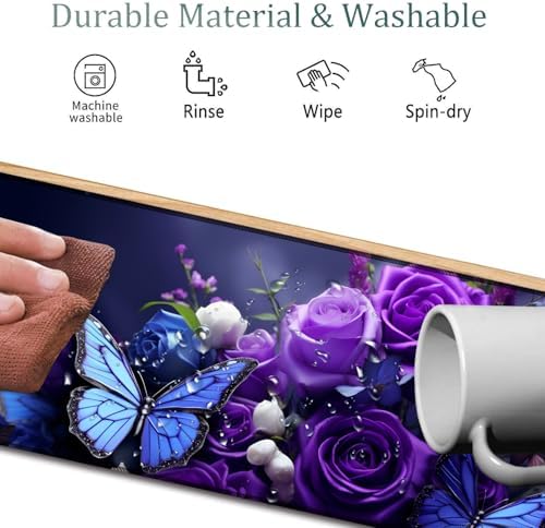 Mouse Pad Combo, Large Gaming Mouse Pad + Keyboard Wrist Support + Mouse Wrist Rest + Coaster, Table Pad 31.5 "x 11.8" with Memory Foam Ergonomic Wrist Pad Set, Purple Roses and Butterflies
